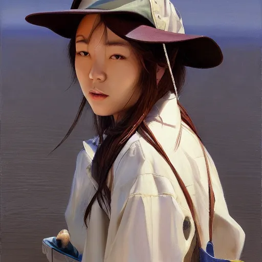 Prompt: oil painting by ilya kuvshinov,, baugh casey, artgerm craig mullins, leyendecker, of a youthful japanese girl, long hair, fishing and wearing fisherman's outfit, fisherman's hat, highly detailed, breathtaking face, studio photography, noon, intense bounced light, water reflection, large tree casting shadow, serine intense sunlight