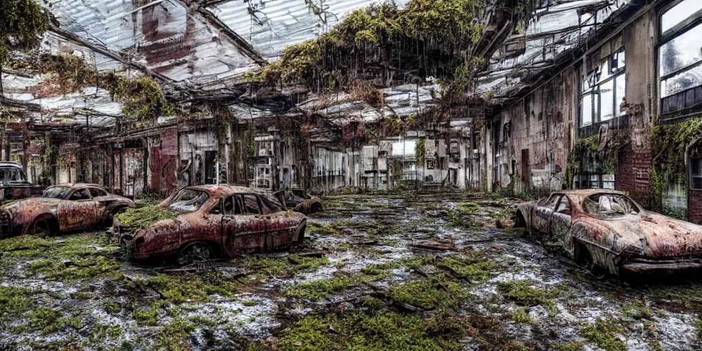 Prompt: an old decayed factory with holes in the roof where rain is leaking and puddles on the floor show reflections of 1 9 0 0's abandoned cars left to rot in an overgrown factory, rusty, moss covered ultra detail, unreal 5