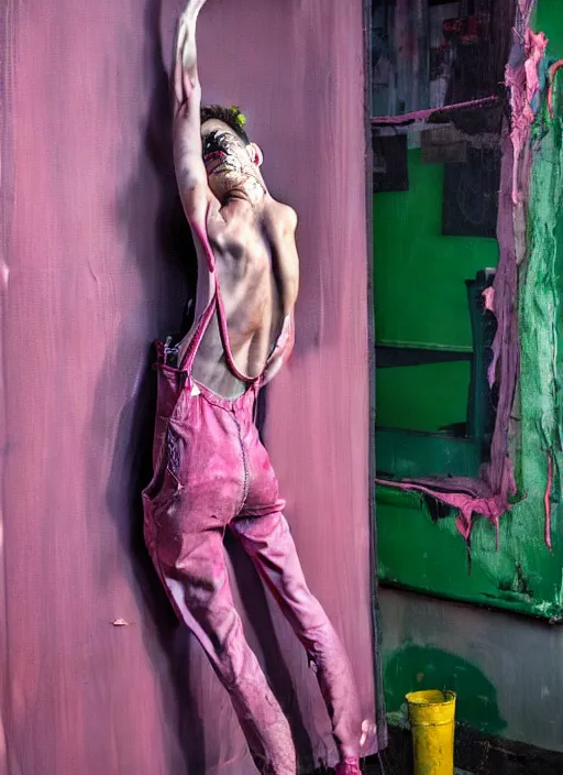 Image similar to an insane, skinny, artist wearing overalls, expressive painting the walls inside a grand messy studio, depth of field, hauntingly surreal, highly detailed painting by francis bacon, edward hopper, adrian ghenie, glenn brown, and james jean, soft light 4 k in pink, green and blue colour palette, cinematic composition,