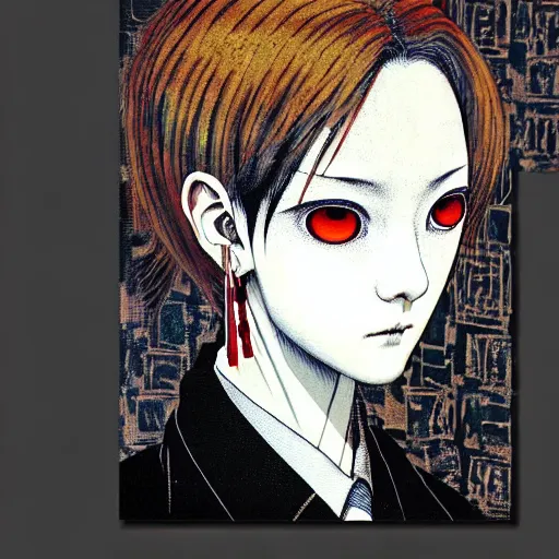 Image similar to yoshitaka amano blurred and dreamy realistic three quarter angle horror portrait of a sinister young woman with short hair, big earrings and white eyes wearing office suit with tie, black and white junji ito abstract patterns in the background, satoshi kon anime, noisy film grain effect, highly detailed, renaissance oil painting, weird portrait angle, blurred lost edges