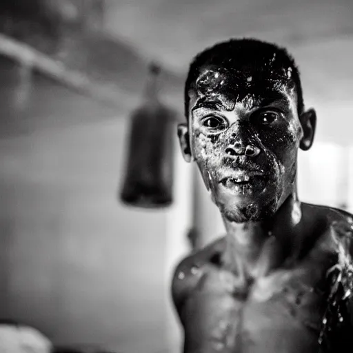 Image similar to portrait of boxer after boxing with brews blood sweating, photography photojournalism, very grainy image