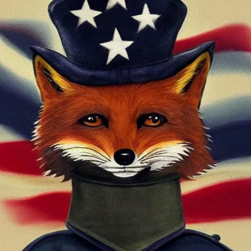 Image similar to fox animal dressed as a soldier in the style of a patriotic propaganda poster