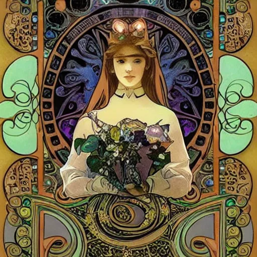 Image similar to Alice in Wonderland,Diamonds Blaze,Rose twining,out of time and space,dreamy, eternity, romantic,highly detailed,in the style of Alphonse Maria Mucha, highly detailed,night lighting