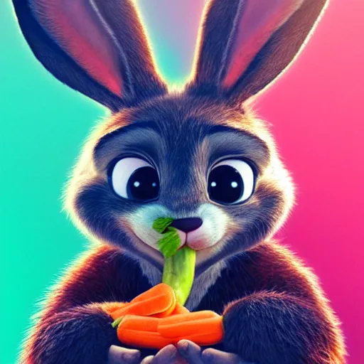 Image similar to portrait of a incredibly cute bunny, eating a carrot, zootopia, cgi, blade runner, cyberpunk background, trending on artstation