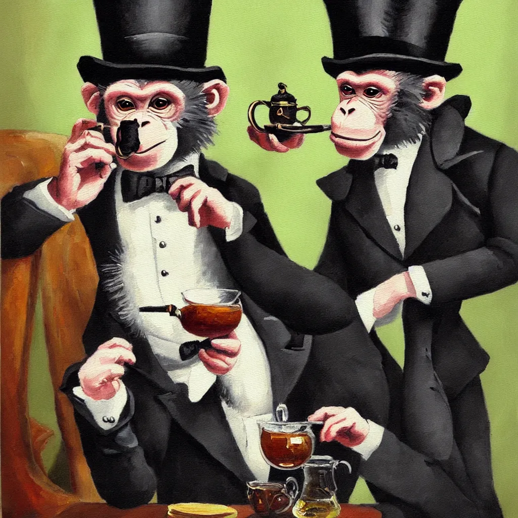 Prompt: a monkey wearing a monocle and a top hat drinking tea, brush strokes, oil painting, masterpiece