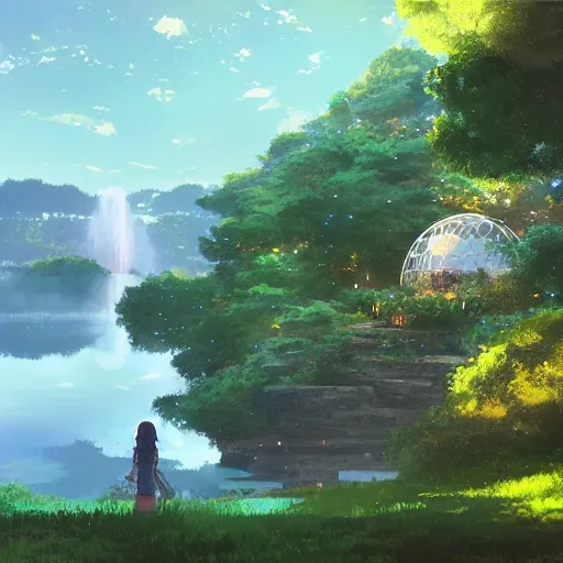 Image similar to geodesic dome in front of a lake with gardens and waterfall, gapmoe kuudere moody lighting stunning bokeh highlights sharp contrast | trending pixiv fanbox | by greg rutkowski makoto shinkai takashi takeuchi studio ghibli