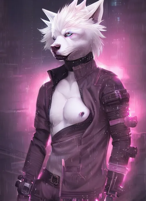 Image similar to award winning beautiful portrait commission of a male furry anthro albino wolf fursona with a tail and a cute beautiful attractive detailed furry face wearing stylish black and pink cyberpunk clothes in a cyberpunk city at night while it rains. Character design by charlie bowater, ross tran, artgerm, and makoto shinkai, detailed, inked, western comic book art