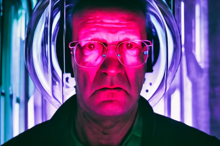 Prompt: an ultra realistic colour cinematic headshot portrait of an evil scientist, stood inside a futuristic lab, neon, colour, detailed, deep focus, movie still, dramatic lighting, ray tracing, by werner herzog