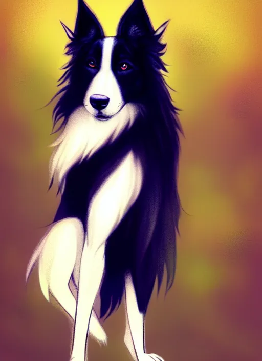 Prompt: wide angle beautiful full body portrait of a cute male anthropomorphic anthro border collie posing in front of a park, character design by charlie bowater, henry asencio, and ross tran, furry art, furaffinity, beautiful, glamor pose, detailed, aesthetic, trending on artstation