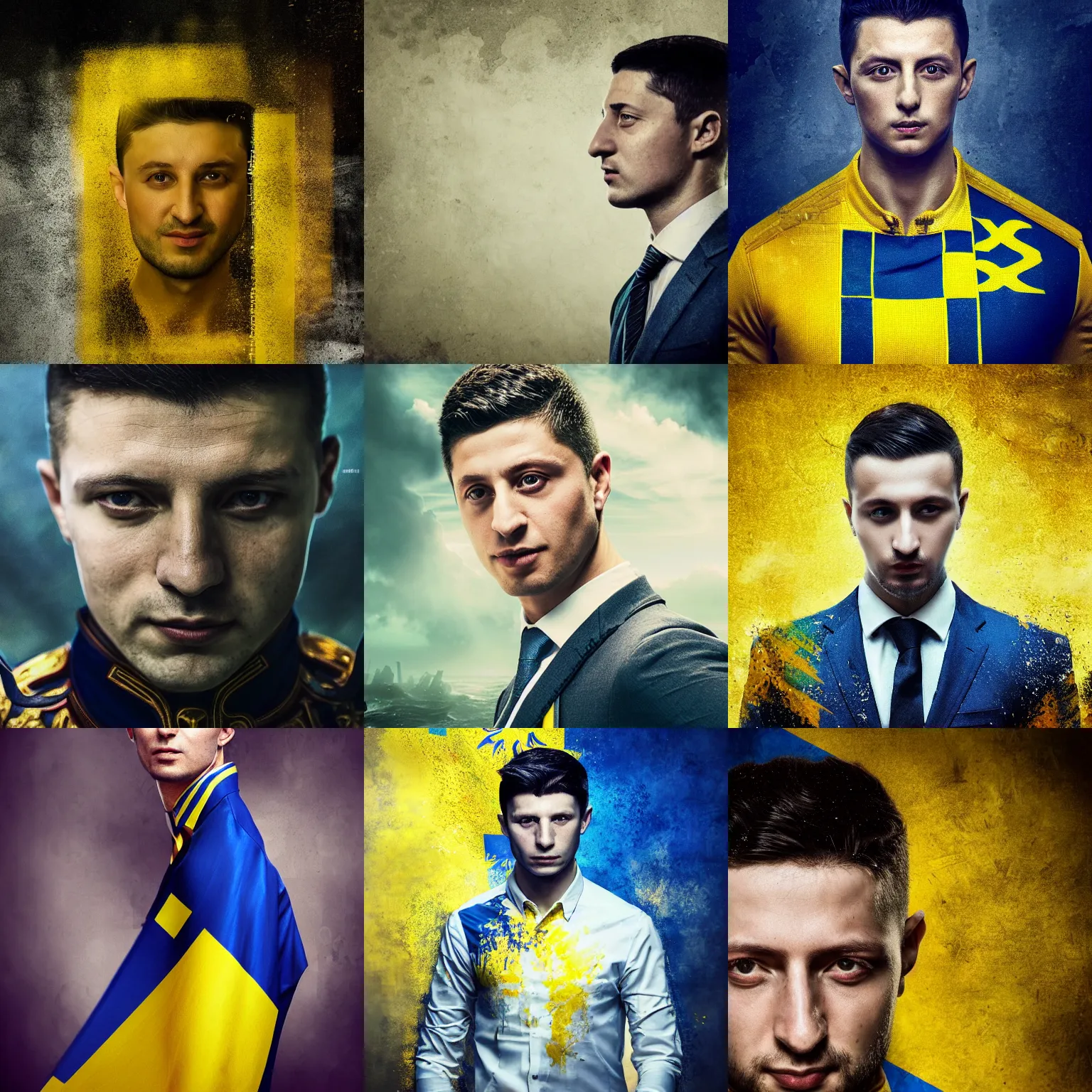 Prompt: Portrait of Volodimir Zelensky with ukrainian flag, amazing splashscreen artwork, splash art, head slightly tilted, natural light, elegant, intricate, fantasy, atmospheric lighting, cinematic, matte painting