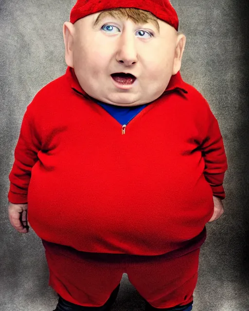 Image similar to Studio Photograph of a real life Eric Cartman from South Park shot in the Style of Annie Leibovitz,