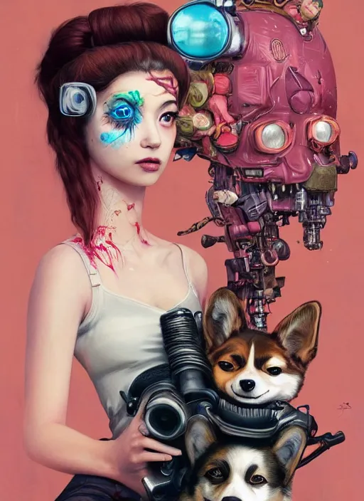 Prompt: beautiful portrait painting of a cute Newyorker lofi cyberpunk princess and her corgi assassin king, by Afarin Sajedi, Alessandro Barbucci, Alex Gross, Shin Jeongho, Shohei Otomo. trending on Artstation, 8k, masterpiece, face enhance, graffiti paint, fine detail, full of color, intricate detail, golden ratio illustration