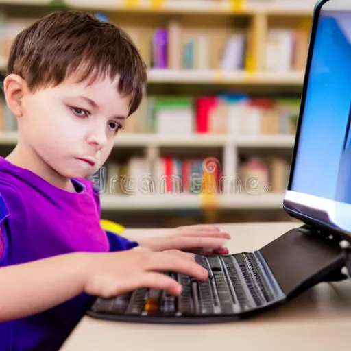 Prompt: child impatiently checks out exam results on a computer screen, stock photo, detailed, hd