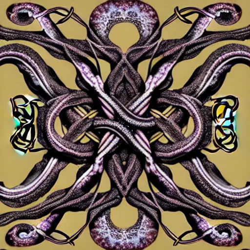 Image similar to a dramatic and beautiful digital matte painting of large realistic octopus with legs made of fractal celtic knots, trending on cgartist, hi-fructose, mandala, string wall art, ultra detailed 8k