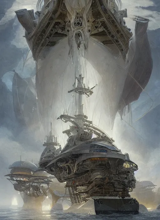 Prompt: epic concept illustration, highly detailed, intricate mechanical design, hard science concept art, star fleet nautilus ship being prepared for launch, by greg rutkowski and alphonse mucha. uhd, cinematic lighting, amazing depth, cinematography by 2 0 1 7