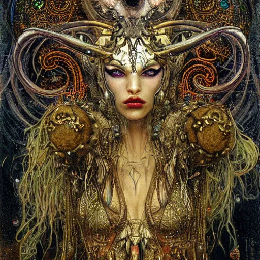 Image similar to horned cybernetic demon, circuitry, intricate detail, klimt, royo,