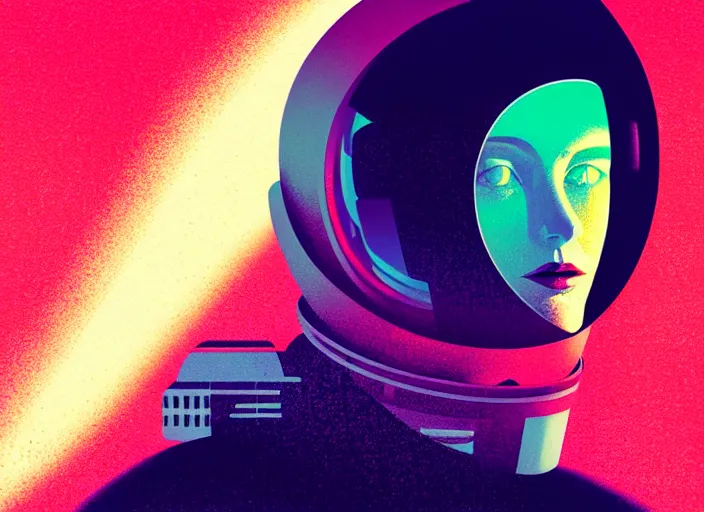 Image similar to portrait of a young astronaut girl, colorful, modern art deco, mads berg, karolis strautniekas, christopher balaskas, stippled light, fog, moody, fine texture, editorial illustration, dramatic lighting, dynamic composition, detailed, matte print, dynamic perspective, muted color