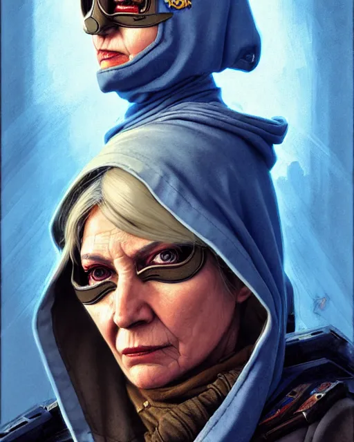 Image similar to ana from overwatch, eye patch, white hair, hooded blue cloak, older woman, character portrait, portrait, close up, concept art, intricate details, highly detailed, vintage sci - fi poster, in the style of chris foss, rodger dean, moebius, michael whelan, and gustave dore