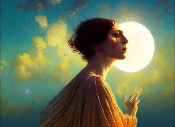 Image similar to the sky is crowded with sun pattern. a thousand identical moon in the sky, hyperrealism, no blur, ultra detailed, style of carlos schwabe, dariusz zawadzki, tom bagshaw, tom bagshaw, ismail inceoglu, robert mccall