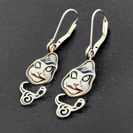 Image similar to hyperrealistic artnouveau style earrings with the face of a cat - like woman in atlantis