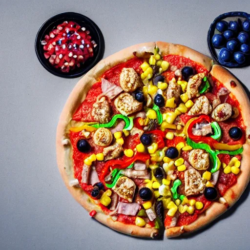 Prompt: a pizza with toppings of onions, peppers, sausage, ice cream, pepperoni, brussels sprouts, gummi worms, tide pods, pineapple, ham, deviled eggs, corn, celery, sesame chicken, oreos, carrots, blueberries, salmon, macaroni, depth of field, dynamic lighting, food photography, studio, bokeh