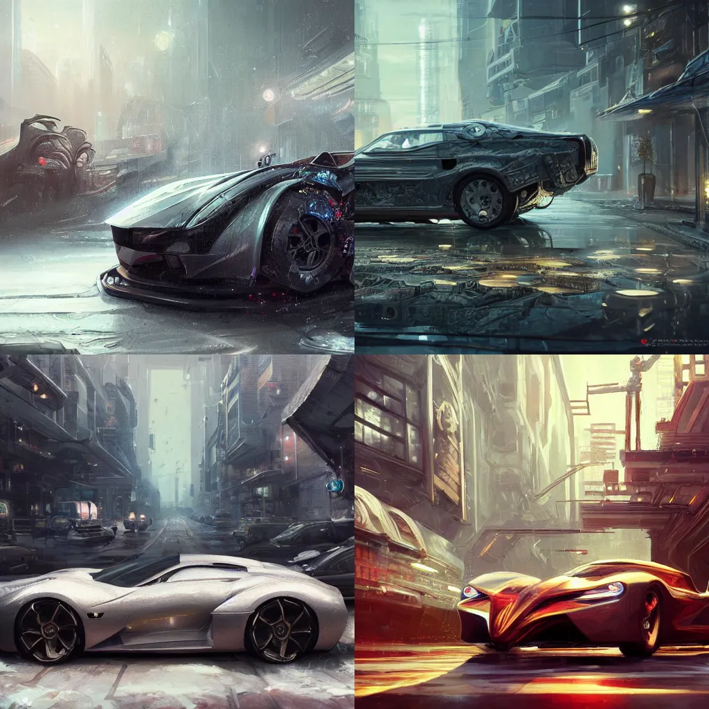 Prompt: full view of a car, intricate, elegant, highly detailed, digital painting, concept art, smooth, sharp focus, art style from Wang Ke and Greg Rutkowski and Bruce Kaiser and Scott Robertson and Dmitry Mazurkevich and Doruk Erdem and Jon Sibal, small hint of cyberpunk style