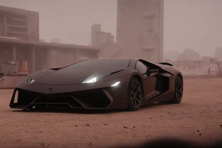 Image similar to A cinematic film still of a Lamborghini in the movie Blade Runner: 2049.