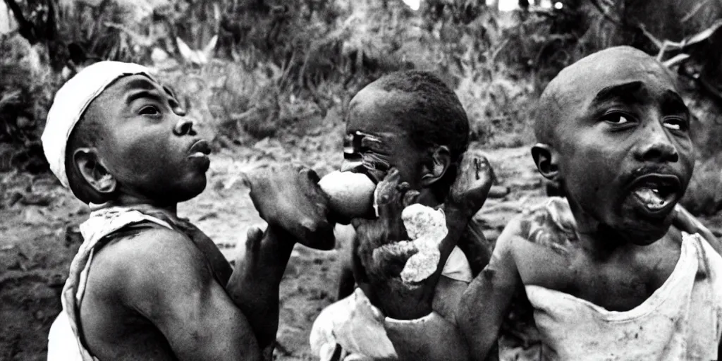 Prompt: 2pac as a hungry child in africa