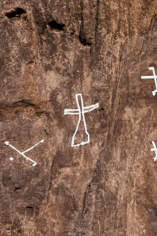 Image similar to 4 k photography of petroglyphs representing crosses, ufo, wifi symbol on a cave