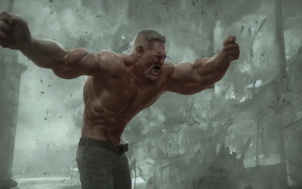 Prompt: muscle man claiming victory over the bodies of his enemies, atmospheric, mist, epic, photorealistic, realistic, rule of thirds, extremely detailed, 4 k, 8 k, unreal engine 5 render, rim lighting, rtx, ray traced lighting, shot on 3 5 mm, film grain, looking through a window frame