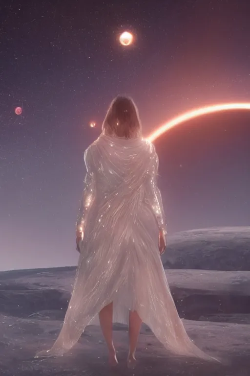 Image similar to a woman, wearing a dress made of stars, volumetric lighting, planets in the background, smooth, sharp focus, very detailed, by greg rutkowski, artstation, tom badshaw, 8 k, symmetrical face