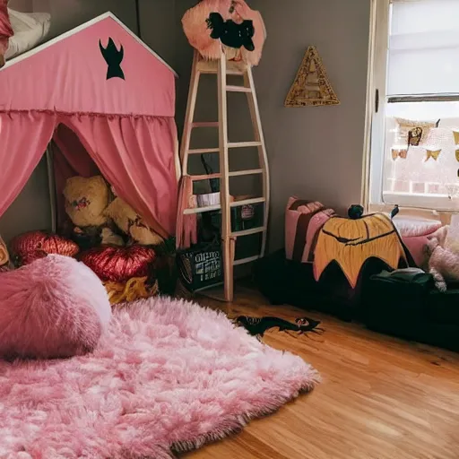 Prompt: a pink and gold bedroom with halloween themed christmas decorations, loft bed, books, throw rug, cushions, gamer, relaxing, real life, high resolution, kawaii