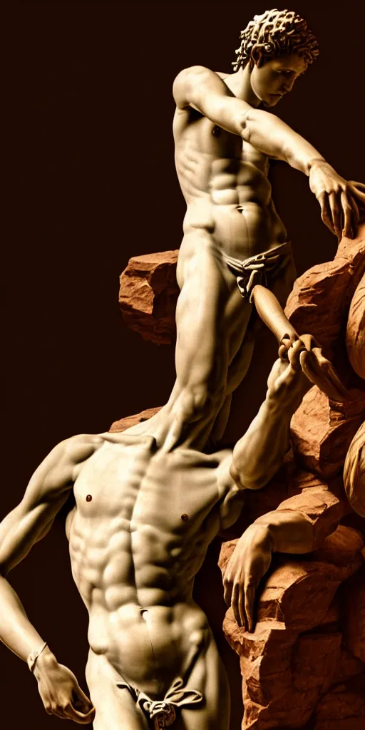 Image similar to 2 3 year old michelangelo carving the the statue of david, photorealistic, hyperdetailed, studio lighting, octane render, caustics