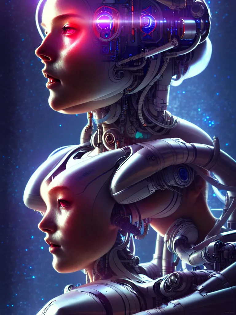 Prompt: ultra realistic, beautiful female cyborg in a space capsule, sci-fi, cyberpunk, concept art, intricate details, eerie, highly detailed, octane render, 8k, art by artgerm and alphonse mucha and moebius