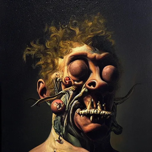 Image similar to oil painting with black background by christian rex van dali todd schorr of a chiaroscuro portrait of an extremely bizarre disturbing mutated man with acne intense chiaroscuro obscuring features lighting perfect composition masterpiece