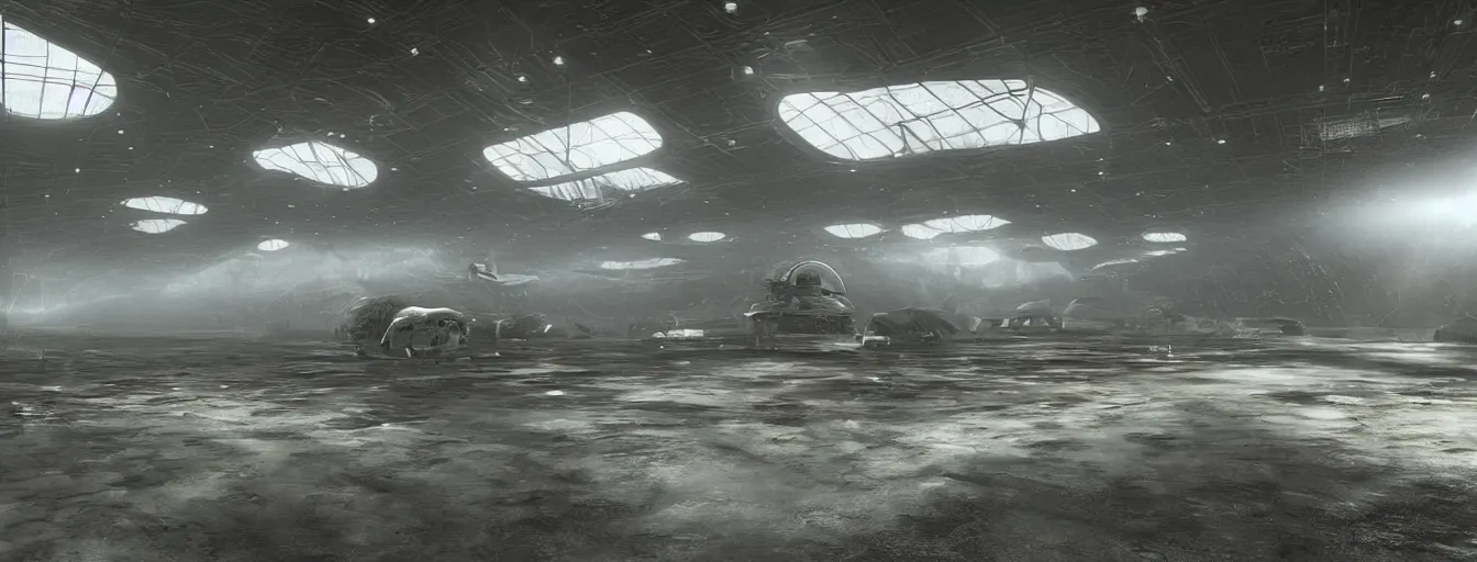 Image similar to Interior of the hall in area 55, full of alien military equipment, engineers working on flying saucers, high detail, ground fog, wet reflective ground, saturated colors, by Feng Zhu, render Unreal Engine-H 704