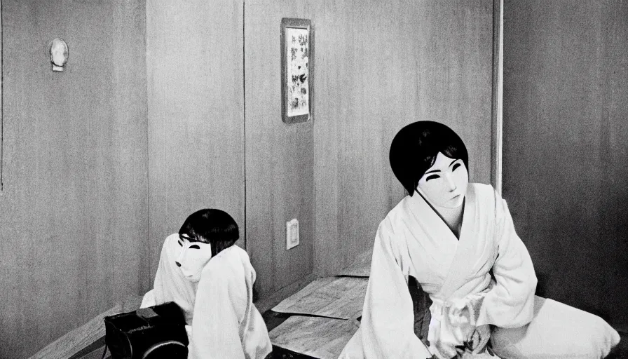 Image similar to 60s movie still of a white japanese female phantom in a non-euclidian house, eastmancolor, heavy grain, high quality, higly detailed, liminal space