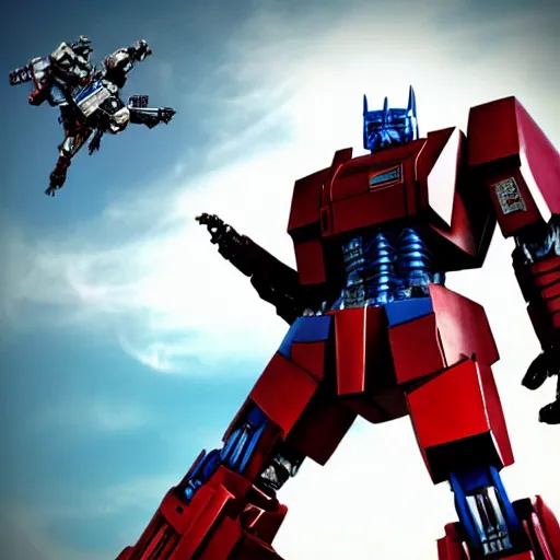 Image similar to optimus prime shooting at megatron, striking pose, robot huge, fly engines,