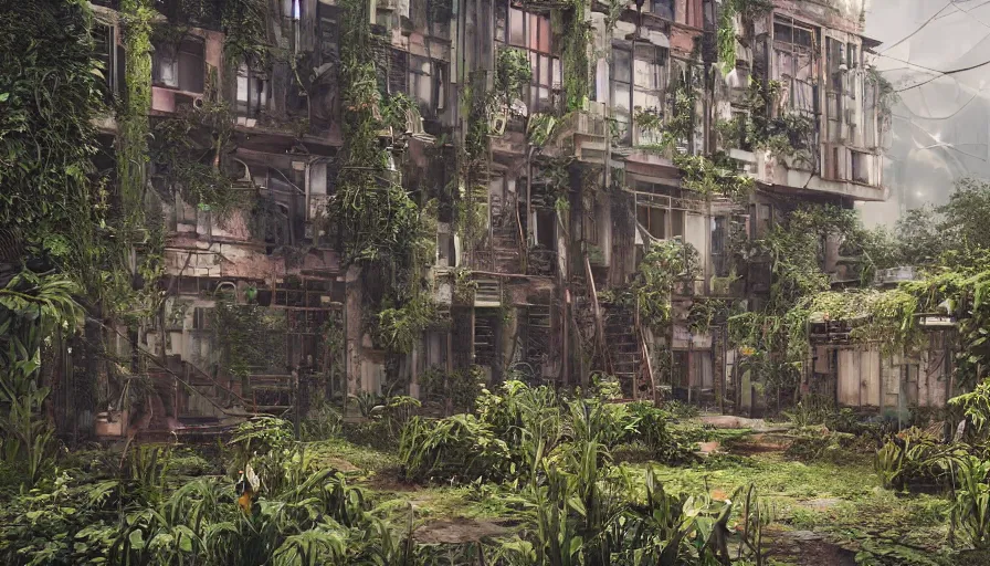 Image similar to Abandoned Building Overgrown by beautiful plants, Dystopian Slum, Hyperrealism, Hyperdetailed, Intricate Details, Anamorphic Lens, Cinematic Lighting, Volumetric Lights, Raytracing Reflections, Unreal Engine 5