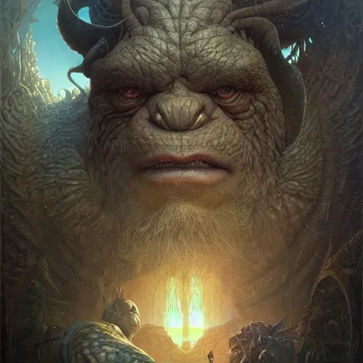 Image similar to a hyperrealistic illustration of a mix of an oger and giant and goblin, 8 k ultra realistic creature, detailed intricate, with fractal sunlight, award - winning, masterpiece, in the style of tom bagshaw, cedric peyravernay, peter mohrbacher