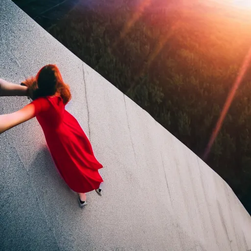 Image similar to a girl in a red dress climbing'' infinite stairs to heaven'' top view, sunset light, cinematic image, hyperrealistic, low iso, 4 k