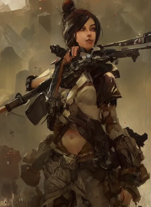 Image similar to of a beautiful sniper girl in war, with fantasy gear and helmet, portrait by ruan jia and ross tran, detailed, epic video game art, warm color tone