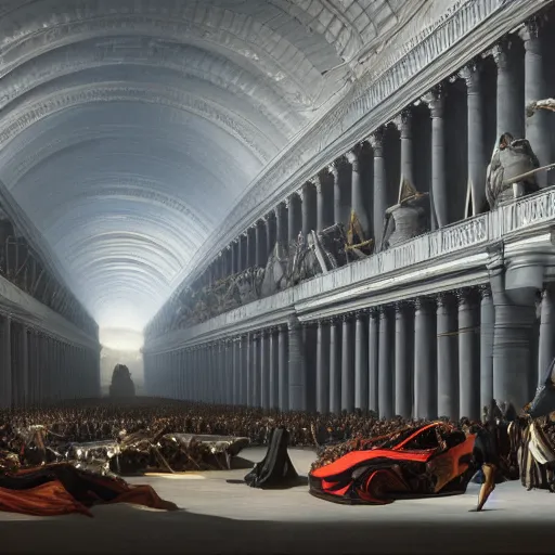 Image similar to full lenght sci-fi cars in the coronation of napoleon painting by Jacques-Louis David and point cloud in the middle and everything in form of zaha hadid architects artwork by caravaggio unreal engine 5 keyshot octane lighting ultra high detail ultra hyper realism 8k 16k in plastic dark tilt shift full-length view