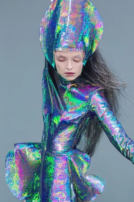 Image similar to holographic crystal atlantean hyperborean avant garde fashion dress beautiful model, sharp focus