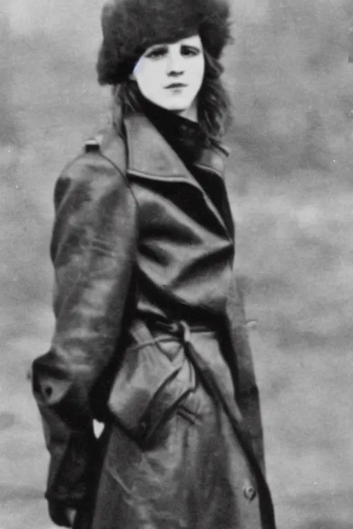 Image similar to photograph of soviet chekist comrade emma watson, standing in a long leather coat, vintage revolution photograph, famous photo from kgb archives