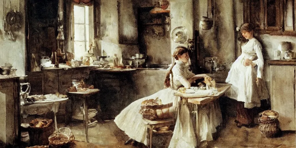 Image similar to a young edwardian woman baking bread in a cozy french kitchen, in the style of anders zorn