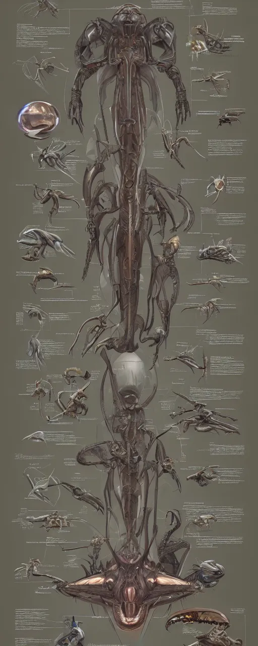 Image similar to schematic diagram of alien boss, biology, book, page, detailed, cross section, trending on artstation, cgsociety, Ralph McQuarrie and Greg Rutkowski