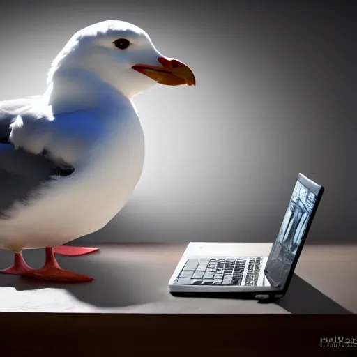 Prompt: an angry seagull typing at a computer in it's bedroom, studio portrait, dramatic background and lighting