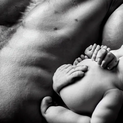 Prompt: a beefed up extremely muscular newborn baby in a crib, rippling muscles, huge veins, bulging muscles, ripped, flexing, intense expression, award winning photography, high detail