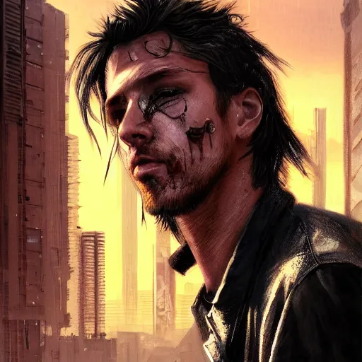 Image similar to cyberpunk, closeup portrait of a young shaggy cyberpunk citizen, eye bags, three day stubble, ex junkie, dramatic light, city background, sunset, dystopian setting, high contrast, sharp, neuromancer, henry dorsett case, painted by stanley lau, painted by greg rutkowski, painted by stanley artgerm, digital art, trending on artstation